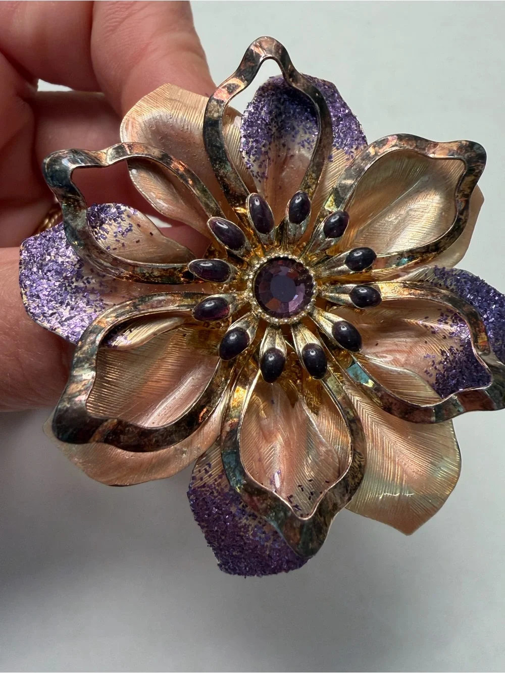 Vintage Floral Purple and Gold Statement Brooch